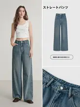 ブルーのハイウエストデニムパンツ【ストレート・アンティーク風・ルーズフィット・秋冬用】