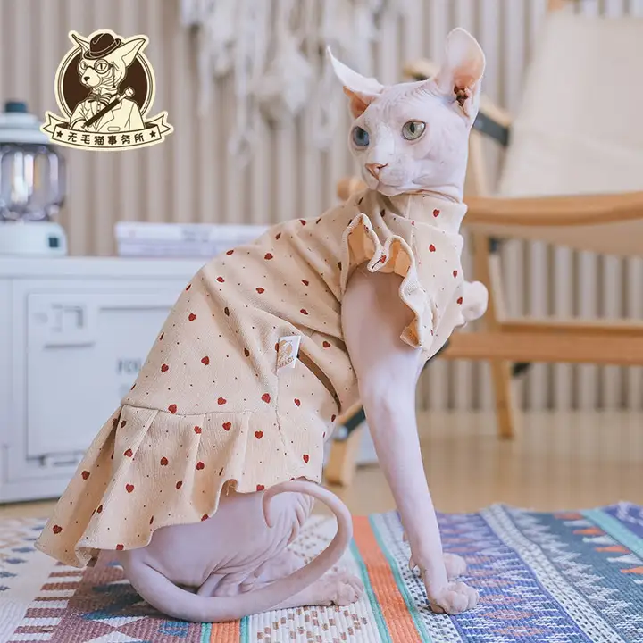 猫ウェア 無毛猫 デボンレックス スフィンクス ハート柄 ワンピース パフスリーブ 子猫 かわいい 春夏