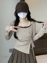 復古風ドローストリングデザインの皺加工Tシャツ【春用・小柄女性向け・上品デザイン】