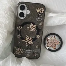 レディース用 折りたたみ式磁気スタンド付きスマホケース【ヒョウ柄・星デザイン・衝撃吸収対応】