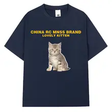 猫柄デザインのゆったりとした半袖Tシャツ【コットン・ネイビー・カジュアルスタイル】