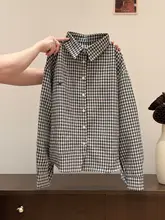 白黒チェック柄長袖シャツ【ポロ襟・刺繍デザイン・ゆったりシルエット】（セットアップ対応）