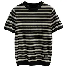 レトロストライプデザインのニットTシャツ【フィット感あるラウンドネック・メンズ・半袖】
