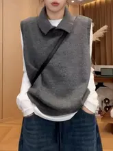 大きいサイズのグレー襟付きニットベスト【春用・韓国風・ゆったり・ノースリーブ】