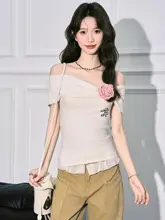 トップス レディース 半袖Tシャツ オフショルダー フレンチ風 ヴィンテージ デザイン性 タイトシルエット 大人可愛い 夏