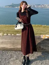 おしゃれなダークレッドのサロペットワンピース【長袖・重ね着スタイル・春秋用】（セットアップ対応）