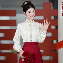 刺繍入り立襟ブラウス【新中式・花柄・長袖】（セットアップ対応）