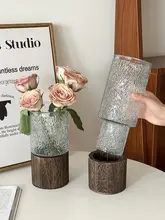 透明ガラス花瓶【水耕用・木製トレイ付き・リビング用インテリア】
