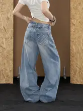 アメリカンビンテージウォッシュデニムパンツ【夏用・レディース・ルーズストレート・高級感・カジュアル・ワイドレッグ】