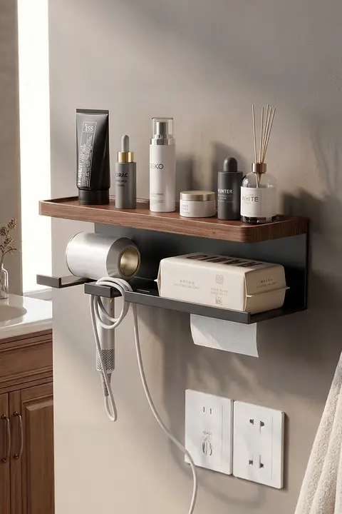 収納ラック 壁掛け 浴室 無垢材 ヘアドライヤー ウェットティッシュ フェイスタオル 穴あけ不要