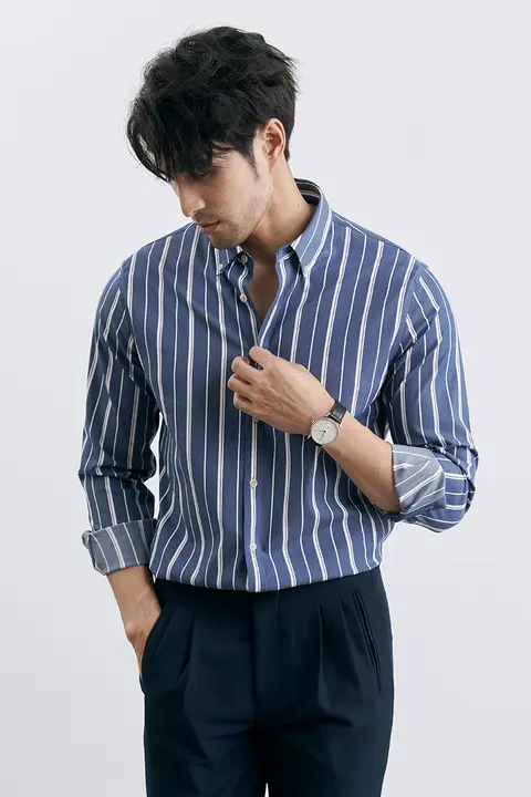 シンプルなストライプデザイン メンズ長袖シャツ【ビジネス・洗濯乾燥対応・ブラック】