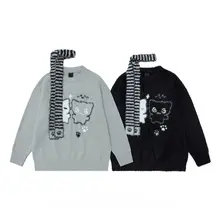 猫の刺繍入りラウンドネックニットセーター【秋冬用・ユニセックス・ルーズフィット】（セットアップ対応）