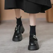 真皮製 レディース 厚底ローファー【イギリス風・ベルト付き・ヴィンテージデザイン】