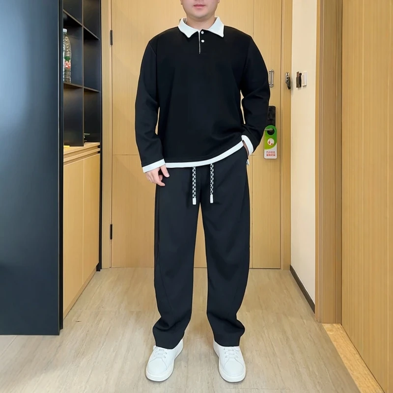 シャツカラーのメンズフーディー風ポロシャツ【長袖・カジュアル・ゆったりデザイン】（セットアップ対応）