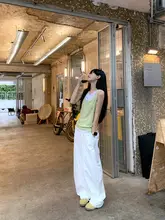 おしゃれなバイカラー吊りテンプルトップス【夏用・ハイウエスト・ワイドパンツ】（セットアップ対応）