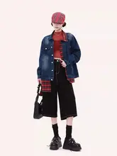 チェック柄のデザインが特徴的なデニムジャケット【春秋用・ゆったりフィット・カジュアルスタイル】（セットアップ対応）