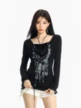 アート風のレースカットアウト長袖Tシャツ【春用・Y2Kスタイル・軽やか】（セットアップ対応）