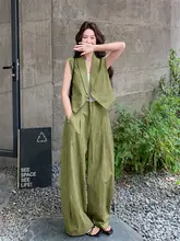レトロテクスチャーのジャケットベストとワイドパンツ【夏用・優しい印象・大人の女性に最適】（セットアップ対応）