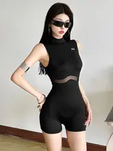 未来感あるメッシュ切替無袖オールインワン【コンパクトデザイン・夏用・ショートパンツ】