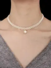 フランス風 ヴィンテージデザインの上品な編み込みパールネックレス【ロングチェーン】