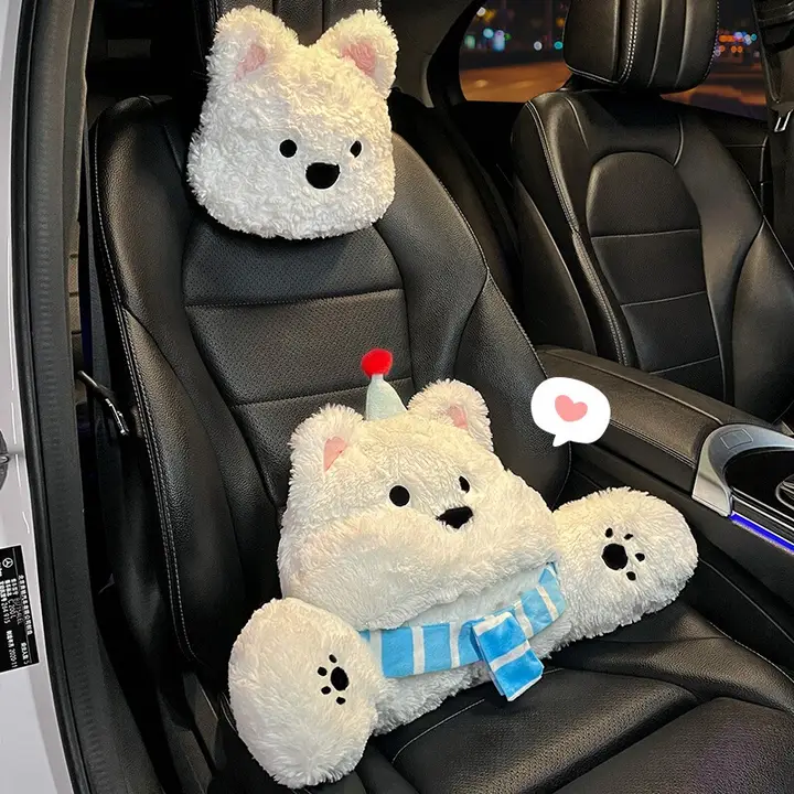 可愛いカートンデザインの車用ヘッドレストとウエストサポートクッション【車載用・女性向け・快適な座り心地】【セットアップ対応】