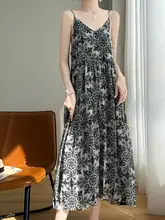 印花デザインのキャミソールドレス【シルク混・上級感ある雪鳩絹・長い丈】（セットアップ対応）