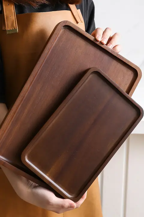 天然アカシア木製長方形トレイ【コーヒー・ティー用・デスク収納】