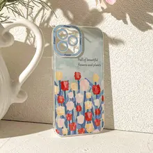 油絵風花柄iPhoneケース【グリーン・防衝撃・透明デザイン・複数機種対応】（セットアップ対応）