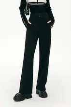 高腰ダブルボタン保温スリムストレートパンツ【冬用・長ズボン・レディース】（セットアップ対応）