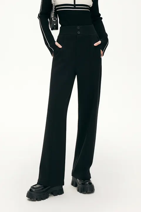 高腰ダブルボタン保温スリムストレートパンツ【冬用・長ズボン・レディース】（セットアップ対応）