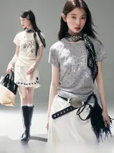 星芒の小馬デザイン コットン混合ドット柄 手描きプリントのラグランショートスリーブTシャツ