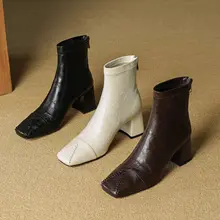 フランス風レトロエラスティックブーツ【ソフトレザー・ハイヒール・太ヒール・ショートブーツ・ミルクホワイト】