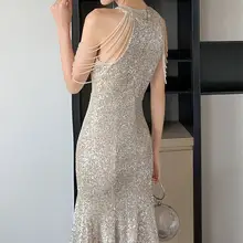 肩流蘇付きビジューとサテンのショートドレス【卒業式や誕生日パーティーに最適・女性用】