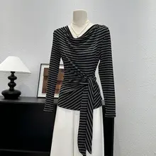 デザイン性のあるドレープネック長袖Tシャツ【女性用・秋先取り・ベーシックスタイル】