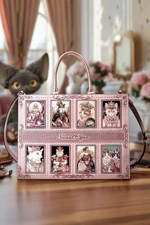 本革デザインのダイヤモンド付きトートバッグ【可愛い猫モチーフ・秋冬用・ショルダーバッグ】