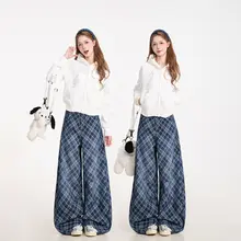 チェック柄デニムパンツ【ブルー・アメリカンスタイル・ワイドレッグ・ルーズフィット】