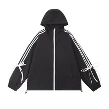 レトロなストライプのリボン付き防晒パーカー【フード付き・カジュアルデザイン】（セットアップ対応）