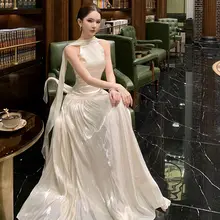 エレガントなバックスリットデザインのロングドレス【フレンチスタイル・バタフライリボン付き・婚礼・パーティー用】