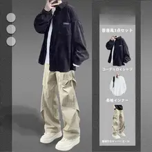 春秋向けコーデュロイシャツとデニムパンツのセットアップ（セットアップ対応）