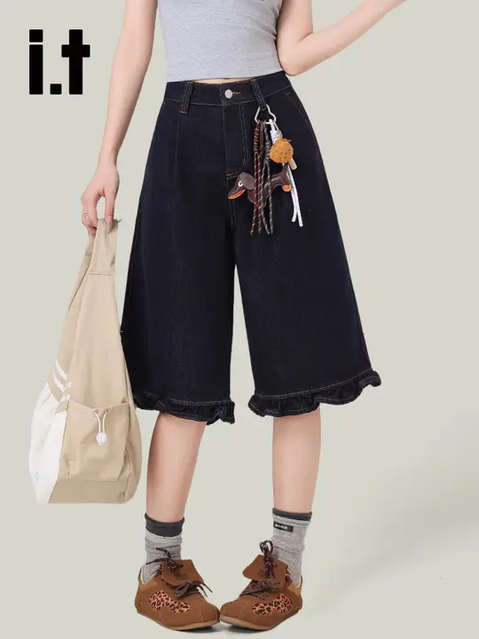 デニムハーフパンツ レディース フリルデザイン インディゴ ハイウエスト ワイド ルーズ 「it:CHOCOOLATE」