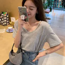 グレーのクール感短袖Tシャツ【レディース・夏用・キャミソールタイプ・ショート丈】