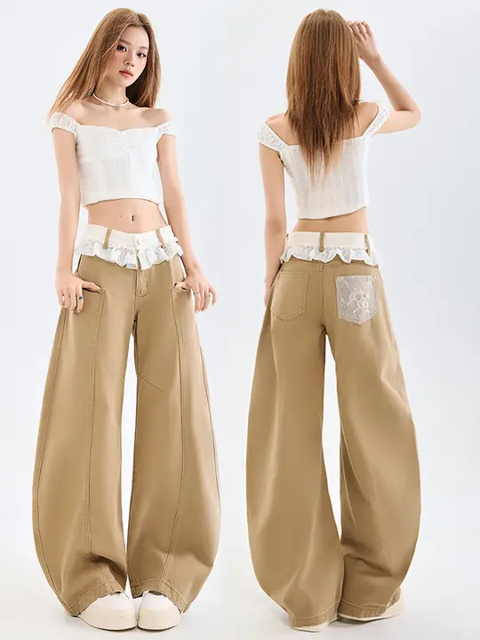 カーキ色のハイウエストデニムパンツ【広めのシルエット・レースデザイン・夏用】