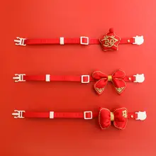 ペット用 ゴールドバタフライリボン首輪【赤い花柄刺繍・ノイズレス・春節仕様】