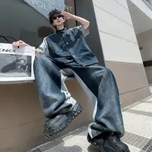 前後非対称デザインの半袖デニムシャツジャケット【メンズ・フィット・ウォッシュ加工】（セットアップ対応）