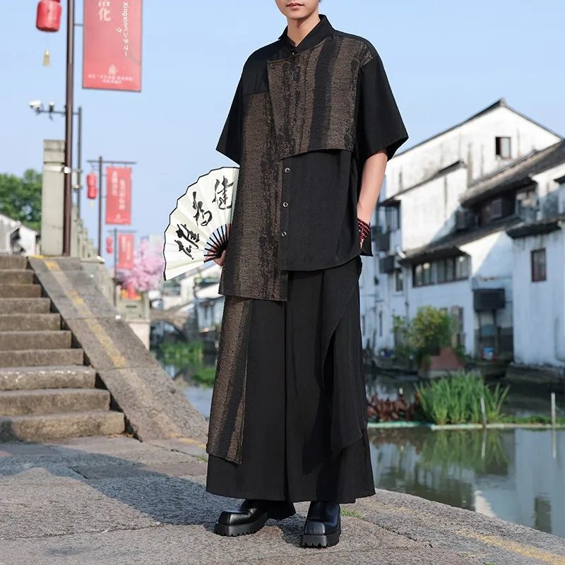 不規則デザインの短袖シャツ：古着男子スタイルに合う新中式のルーズフィットアイテム