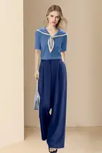 学院風デザインの涼しげなトップスとワイドパンツ【女性用・夏季・（セットアップ対応）】