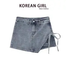 デザイン性のあるリボン付きデニムミニスカート【バッグバインディング・夏用・不規則デザイン】