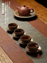 ヴィンテージ風 中華陶器製コースター【禅スタイル・粗陶・金属製カップトレー・保温機能付き】