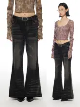 THELIGHT24 ヴィンテージ洗い加工 ブラックデニムパンツ【女性用・フレアシルエット・秋用】