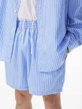 ハーフパンツ メンズ ブルー 縦ストライプ ドローコード ゴムウエスト ルーズ 快適 着回し 夏 「Shizukaumi」